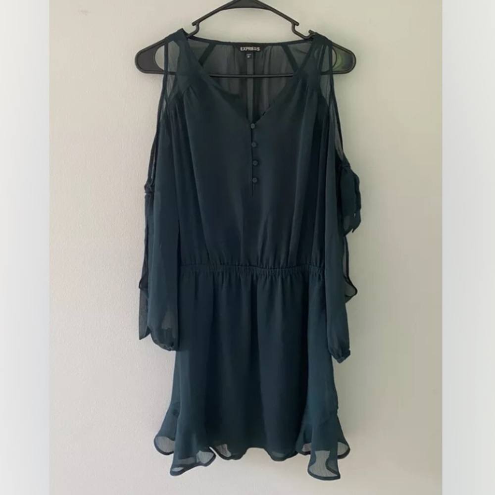 Express Green Sheer Layered Lined Slit Long Sleeve Flowy Boho Dress Women’s XS